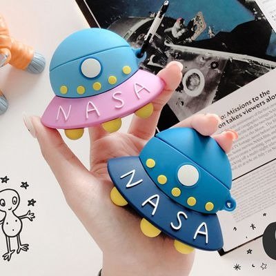 SHOPFIVE Soft Silicone UFO Case with Bag Hook Clip Keychain for Apple Airpods 1 2 Wireless Earbuds 3D Cartoon Kawaii Funny Fun Cool