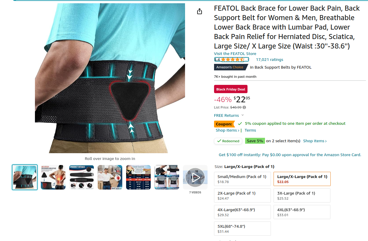 FEATOL 护腰 Back Brace for Lower Back Pain Large Size/ X Large Size