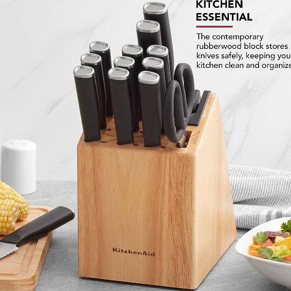 Classic 15 Piece Knife Block Set with Built in Knife Sharpener, High Carbon Japanese Stainless Steel Kitchen Knives, Sharp Kitchen Knife Set with Block, Rubberwood