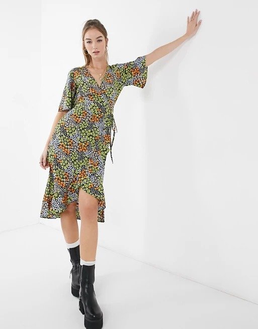 midi wrap dress with frill in ditsy floral print | ASOS
