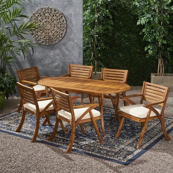 Hermosa Outdoor 6 Seater Acacia Wood Oval Dining Set with Cushions by Christopher Knight Home - Teak Finish+Cream