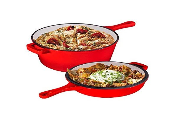 Enameled 2-In-1 Cast Iron Multi-Cooker By Bruntmor – Heavy Duty 3 Quart Skillet and Lid Set, Versatile Healthy Design, Non-Stick Kitchen Cookware, Use As Dutch Oven Frying Pan