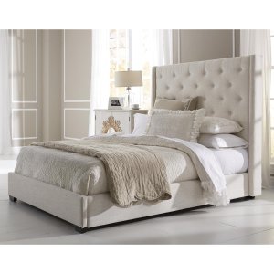Wingback Button Tufted Cream Upholstered Queen Bed