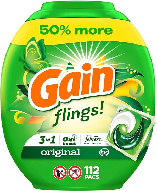 flings Laundry Detergent Soap Pacs HE Compatible 112 ct Long Lasting Scent Original Scent