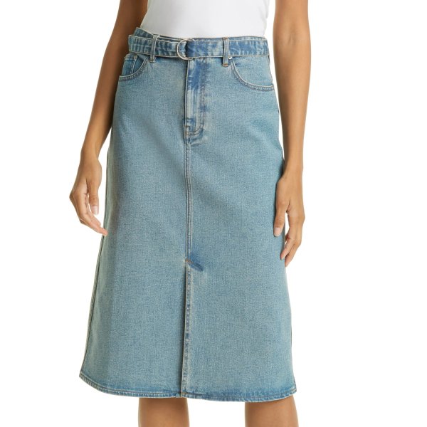 Belted Front Slit Denim Skirt