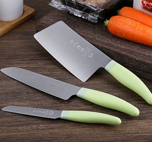 SHI BA ZI ZUO Knife Set of 3 Piece Kitchen Knife Meat Cleaver Santoku Knife Paring Knife Cutting Meat Vegetable Fruit for Home Green