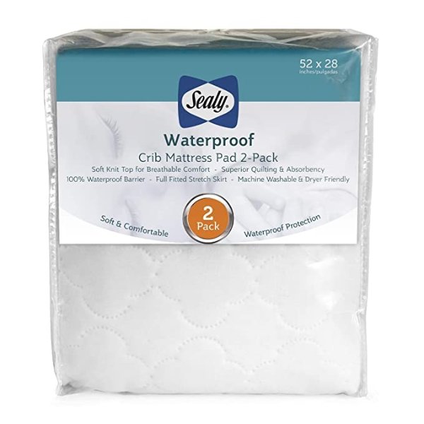 Sealy 2-PACK Waterproof Fitted Toddler Bed and Baby Crib Mattress Pad Cover Protector, Noiseless, Machine Washable and Dryer Friendly, 52" x 28" - White