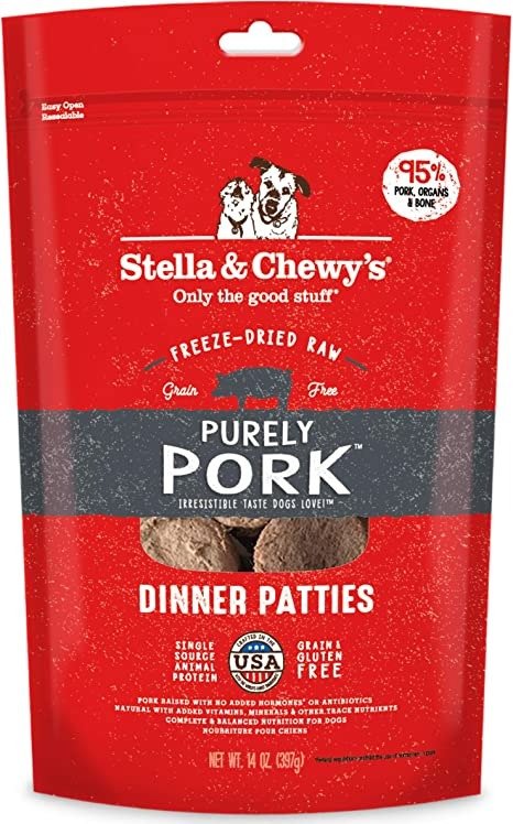 Stella & Chewy’s Freeze Dried Raw Dinner Patties – Grain Free Dog Food, Protein Rich Purely Pork Recipe – 14 oz Bag