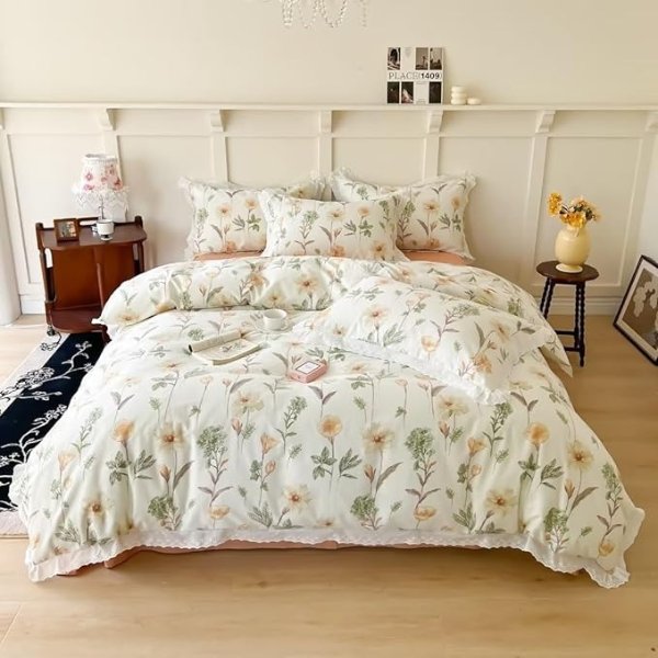 BuLuTu King Size Duvet Cover Aesthetic Flower Print Bedding Duvet Covet Set 100% Cotton Girls Womens Comforter Cover with Pillowcases Garden Style Quilt Cover with Lace Edges, Zipper&Conner Ties