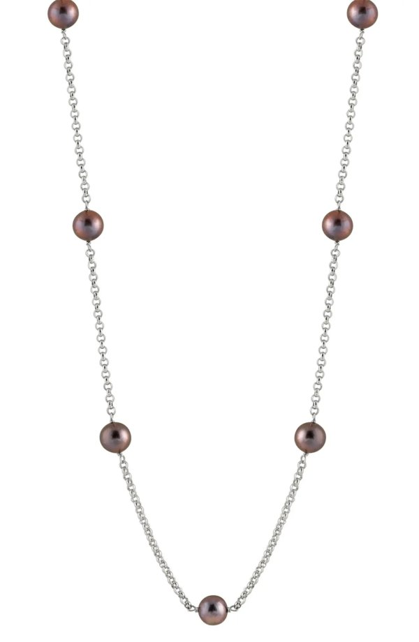 Sterling Silver 8-9mm Black Cultured Freshwater Pearl Station Necklace