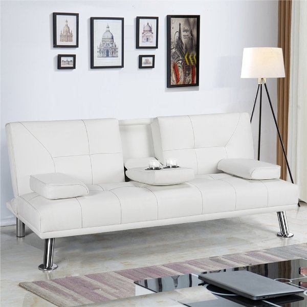 LuxuryGoods Modern Faux Leather Futon with Cupholders and Pillows, White
