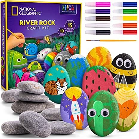 NATIONAL GEOGRAPHIC Rock Painting Kit - Arts & Crafts Kit for Kids, Paint & Decorate 15 River Rocks with 10 Paint Colors & More Art Supplies, Kids Craft, Outdoor Toys, Easter Basket Stuffers