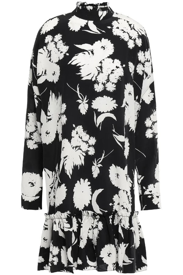Ruffled floral-print silk-crepe dress
