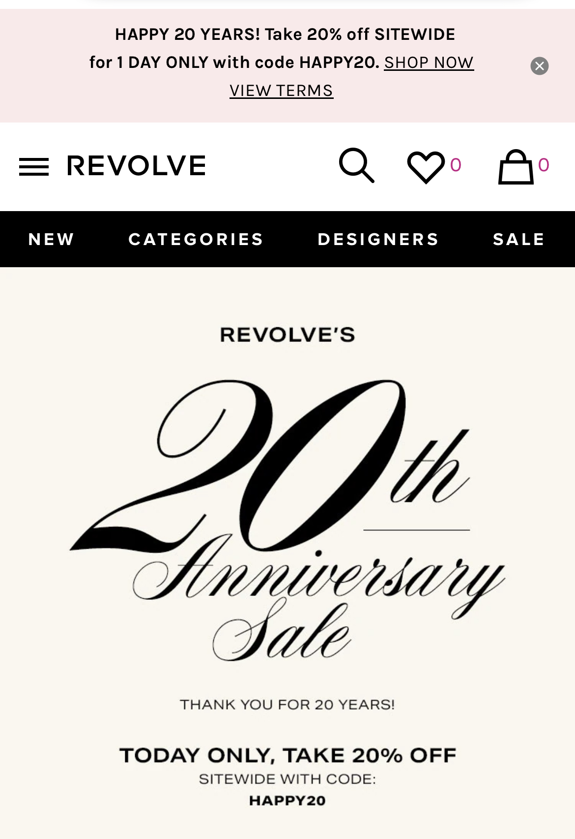 Revolve20周年庆祝-全场正价商品八折 仅限今天