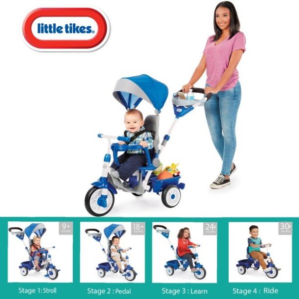Perfect Fit 4-in-1 Trike in Blue, Convertible Tricycle for Toddlers with 4 Stages of Growth and Shade Canopy- For Kids Girls Boys Ages 9 Months to 3 Years Old