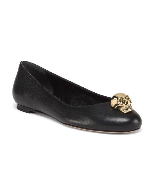 Made In Italy Leather Flats With Skull Ornament