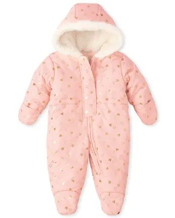 Baby Girls Long Sleeve Heart Print Faux Fur Hooded Snowsuit | The Children's Place - SWEET NOTHING