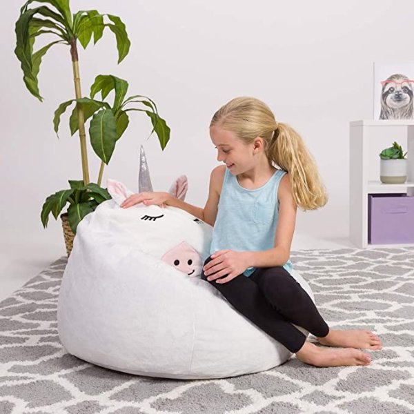 Creations Cute Soft and Comfy Bean Bag Chair for Kids, Large, Animal - White Unicorn