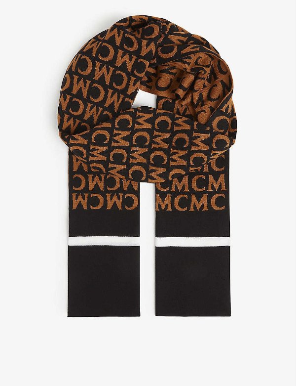 Logo-embroidered wool-knit scarf