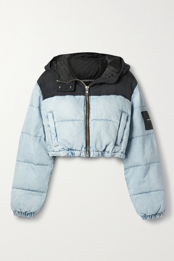 Cropped quilted padded denim and canvas jacket
