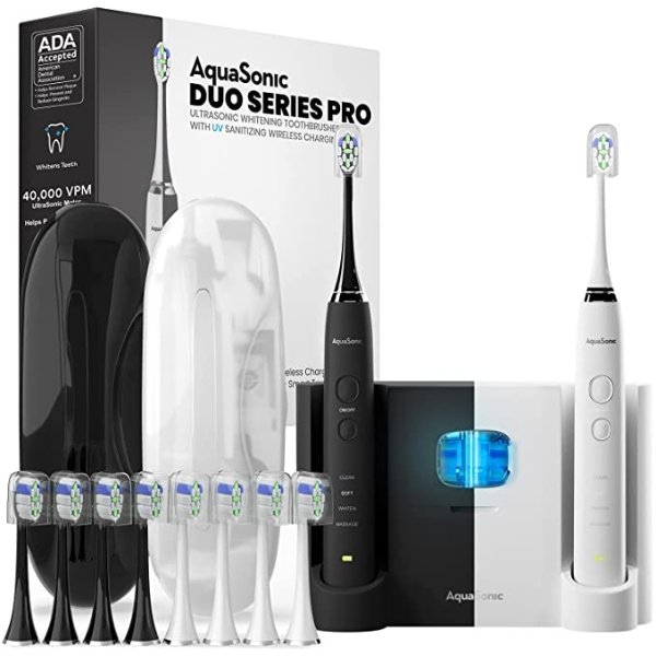 DUO PRO – Ultra Whitening 40,000 VPM Electric Smart ToothBrushes – ADA Accepted - 4 Modes with Smart Timers - UV Sanitizing & Wireless Charging Base - 10 ProFlex Brush Heads & 2 Travel Cases