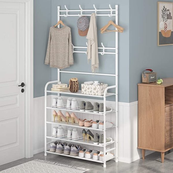Entryway Coat Rack,3-in-1 Hall Tree Multifunctional Storage Shelf with 5-Tier Shoe Bench and 8 Hooks,Easy Assembly,for Entrance Foyer Bedroom Barthroom,White