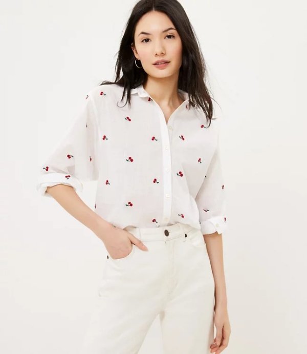 Cherry Embroidered Relaxed Shirt | LOFT