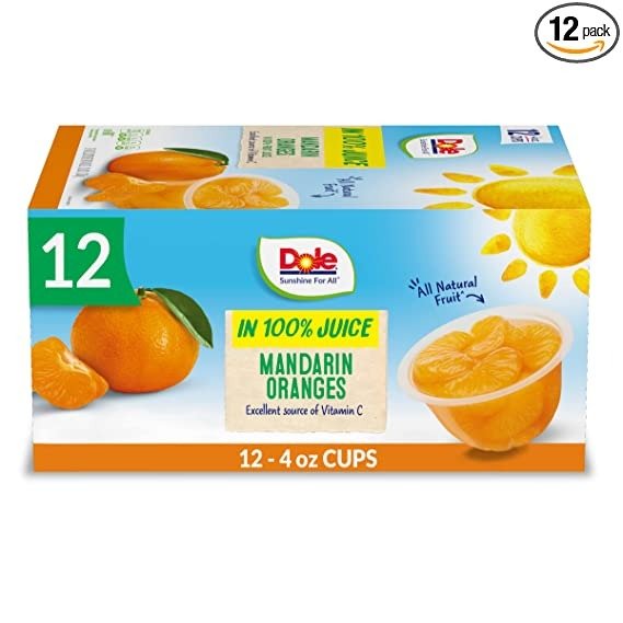 Dole Fruit Bowls, Mandarin Oranges in 100% Fruit Juice, 4 Ounce , 12 cups (Pack of 12)