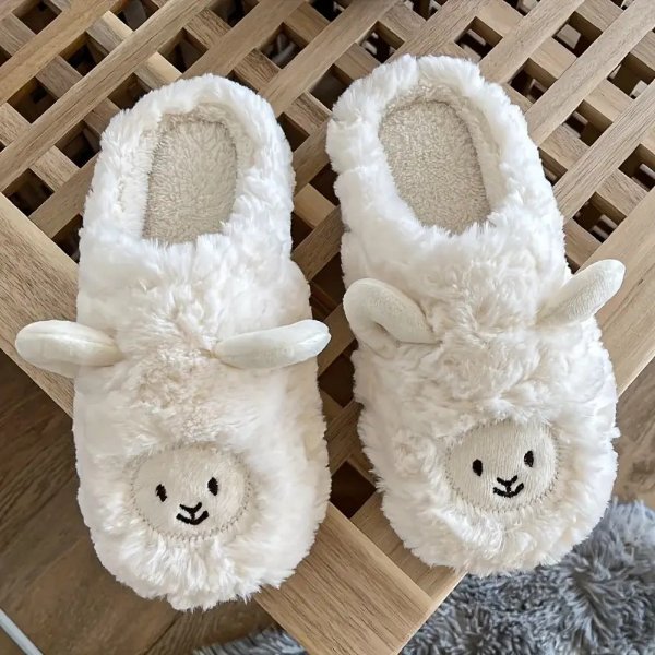 Women's Cartoon Lamb Novelty Slippers, Cozy Warm Fluffy Furry Indoor Shoes, Bedroom Plush Slippers