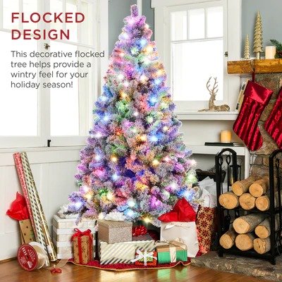 Pre-Lit Snow Flocked Artificial Pine Christmas Tree w/ Multicolored Lights | Best Choice Products