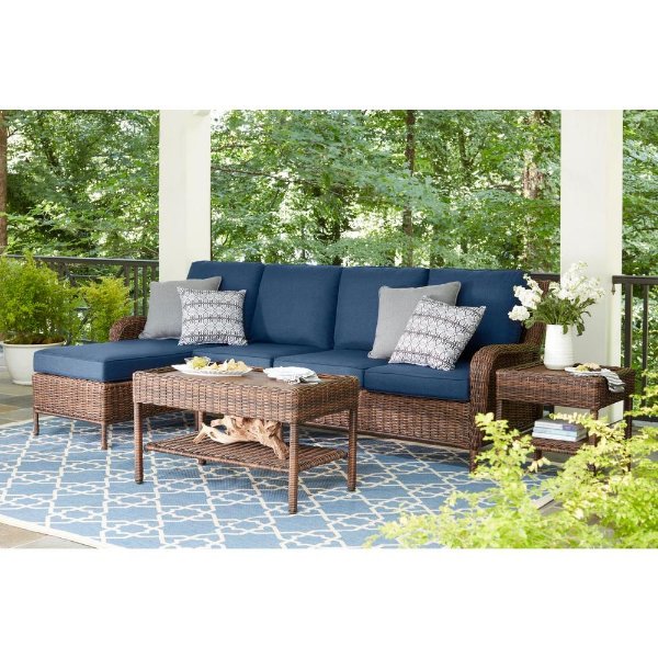 Cambridge Brown 5-Piece Wicker Outdoor Sectional Set with Blue Cushions-65-7148B9 - The Home Depot