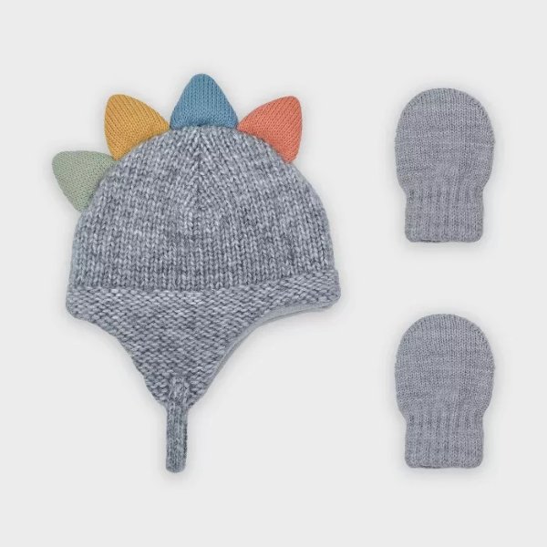 Baby Boys' Knit Dino Critter Trapper and Magic Mittens Set - Cat & Jack™ Light Gray