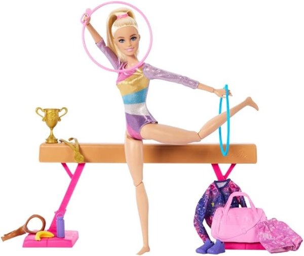 Gymnastics Doll & Accessories, Playset with Blonde Fashion Doll, C-Clip for Flipping Action, Balance Beam, Warm-Up Suit & More