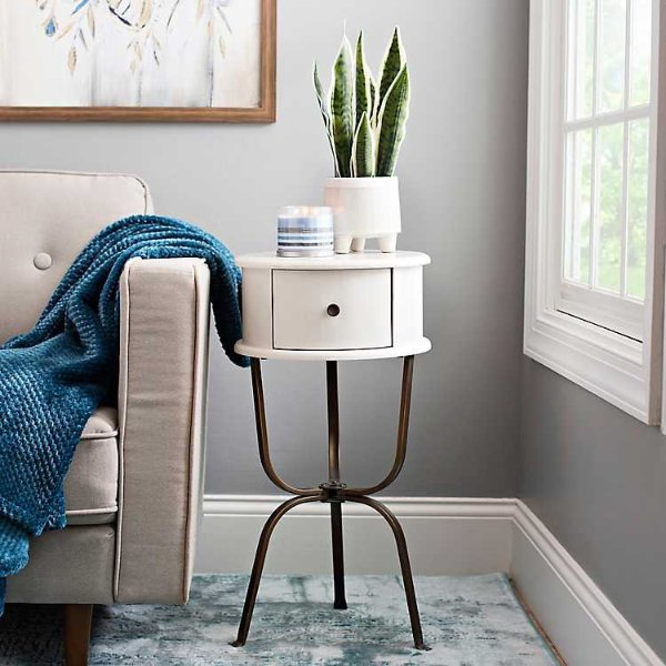 Distressed Whitewash Round Accent Table