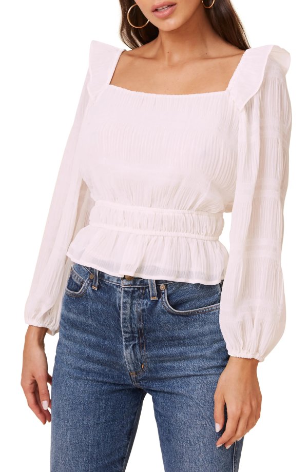 Square Neck Long Sleeve Crinkle Blouse