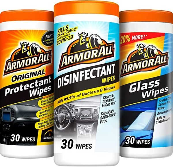 Car Protectant Wipes, Disinfectant Wipes, Glass Cleaner Wipes by Armor All, Cleaning Wipes Variety Pack for Cars, Trucks, Motorcycles, 3 Each, 3 Pack