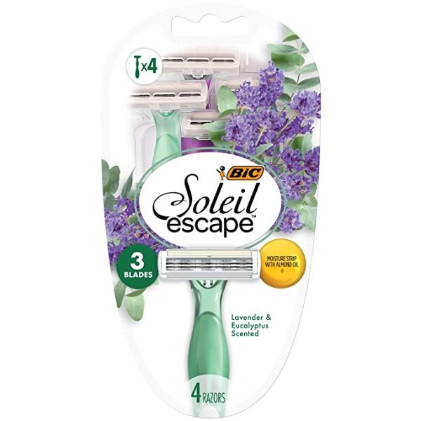 Soleil Escape Women's Disposable Razors, 3 Blade Razor, Moisture Strip With 100% Natural Almond Oil, Lavender and Eucalyptus Scented Handles, 4 Pack Disposable Razors For Women