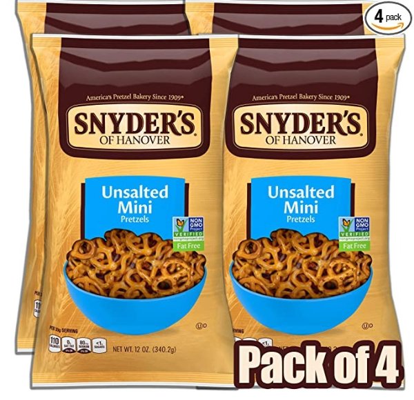Mini Pretzels, Unsalted Pretzels, 12 Ounce Bag (Pack of 4)