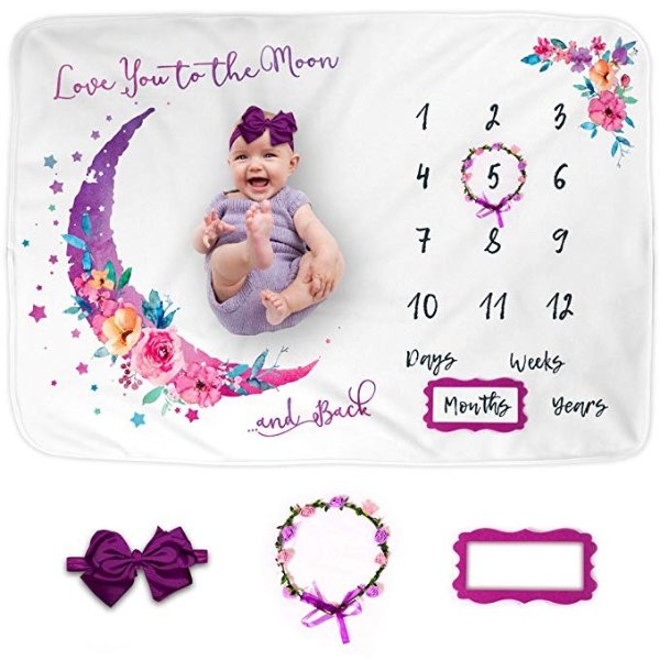 Baby Monthly Milestone Blanket for Baby Girl, Photo Blanket for Newborn Baby Shower, Baby Milestone Blanket Girl for Baby Pictures, Month Blanket, Includes Headband + 2 Frames, Large 60"x40"
