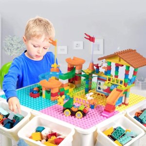 Upgrade Toddler Activity Table & Chair Set with 230PCS Building Blocks