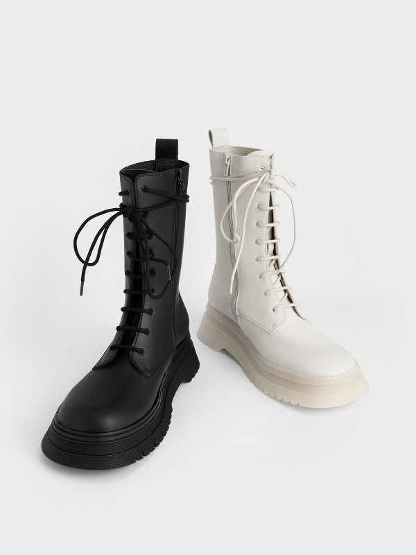 Chalk Chunky Platform Lace-Up Boots | CHARLES &amp; KEITH
