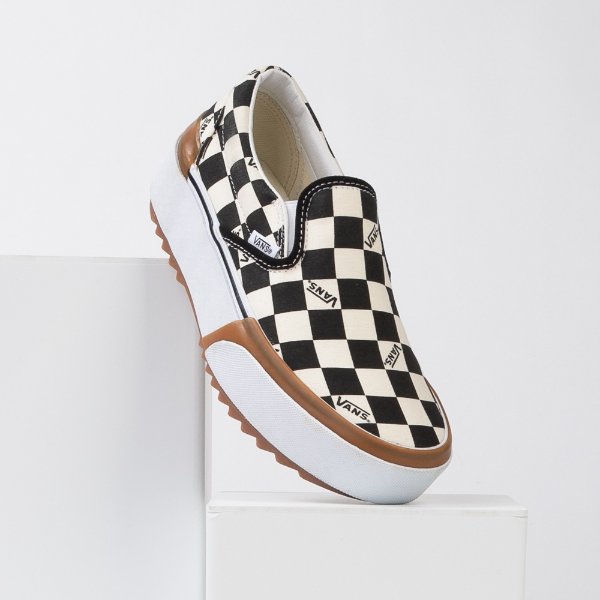 Slip-On Stacked Checkerboard Skate Shoe - Black / White