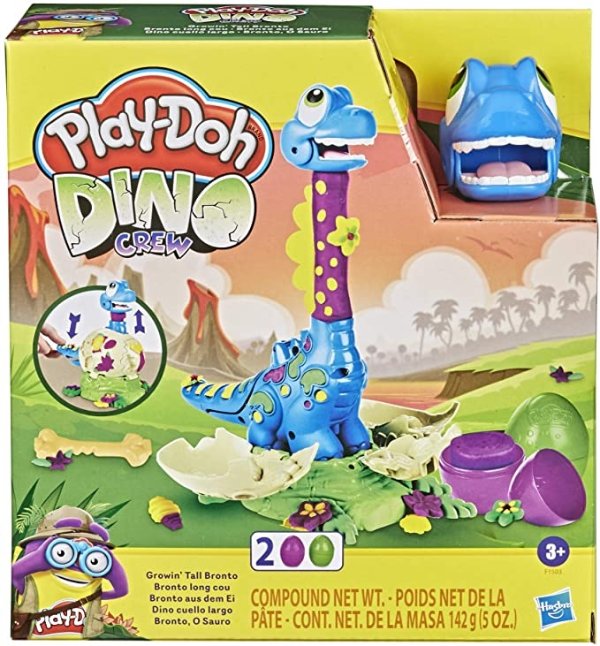 Play-Doh Dino Crew Growin' Tall Bronto Toy Dinosaur for Kids 3 Years and Up with 2 Eggs, 2.5 Ounces Each, Non-Toxic