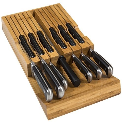 In-Drawer Bamboo Knife Block Holds 12 Knives (Not Included) Without Pointing Up PLUS a Slot for your Knife Sharpener! Noble home & chef Knife Organizer Made from Quality Moso Bamboo
