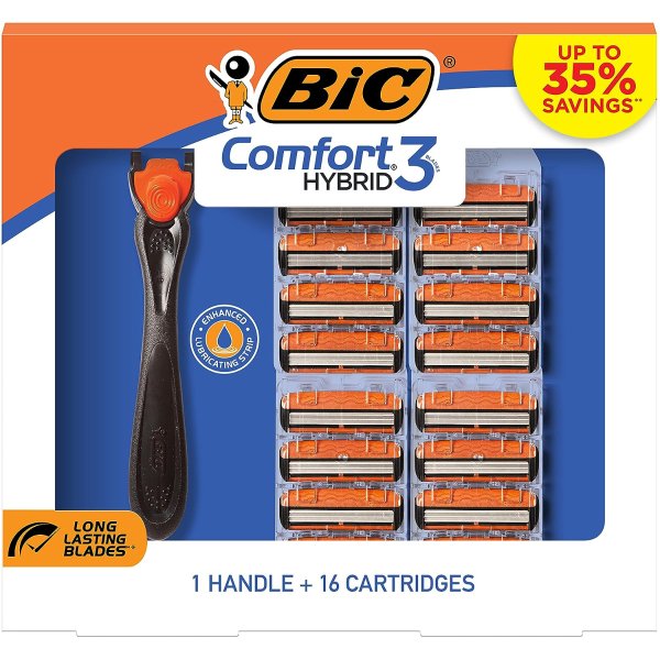 BIC Comfort 3 Hybrid Disposable Razors for Men, 1 Handle and 16 Cartridges With 3 Blades, 17 Piece Razor Kit for Men Orange