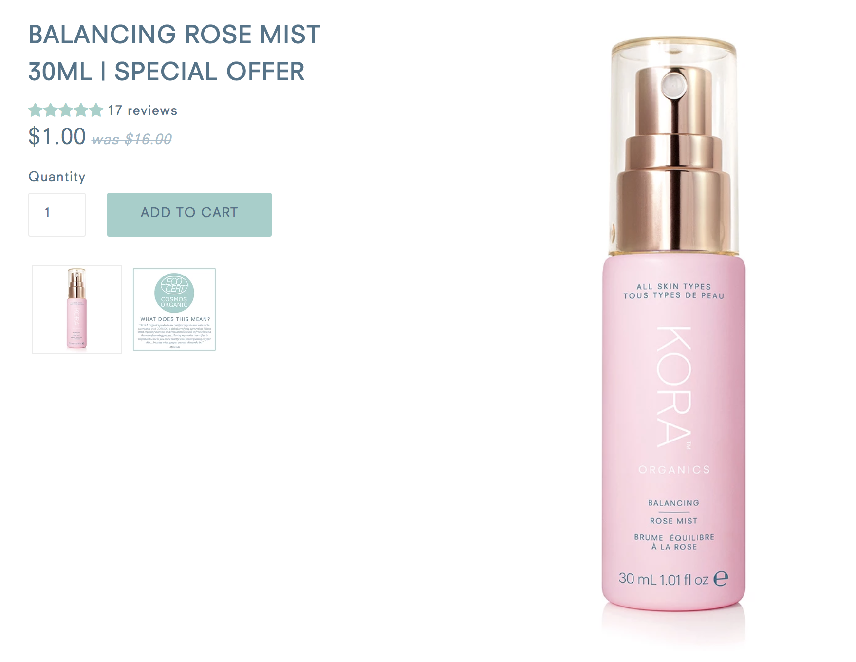Balancing Rose Mist 30mL | SPECIAL OFFER | KORA Organics 玫瑰噴霧30ML
