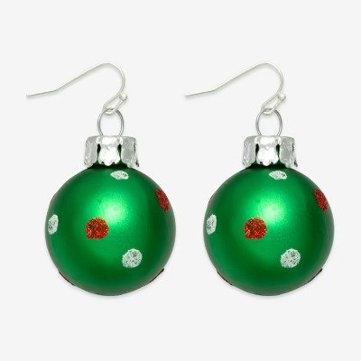 Silver Tone & Green Christmas Ornament Drop Earrings