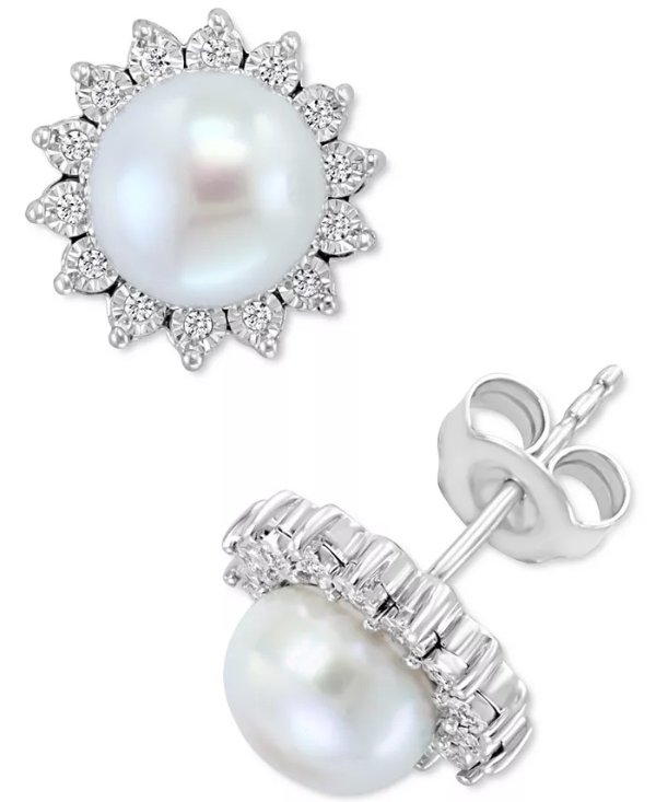 EFFY® Cultured Freshwater Pearl (7mm) & Diamond (1/10 ct. t.w.) Stud Earrings in Sterling Silver