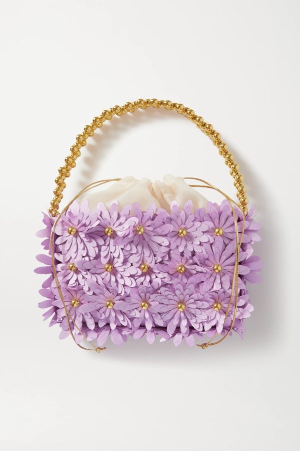 Inflorescence embellished satin and acrylic tote