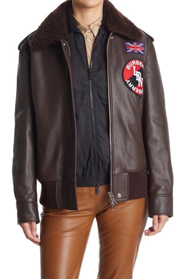 Genuine Shearling Collar Leather Bomber Jacket